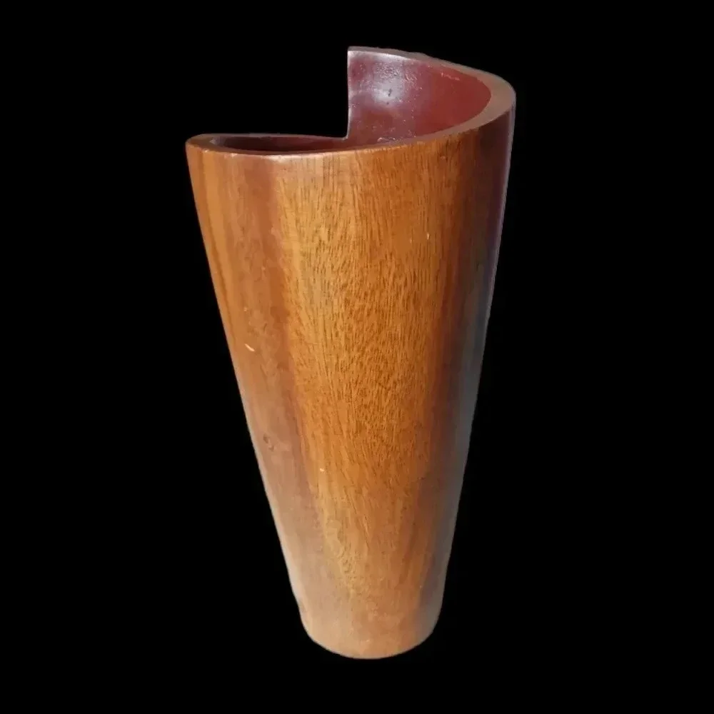 VTG wood vase asymetrical cylinder shape vase